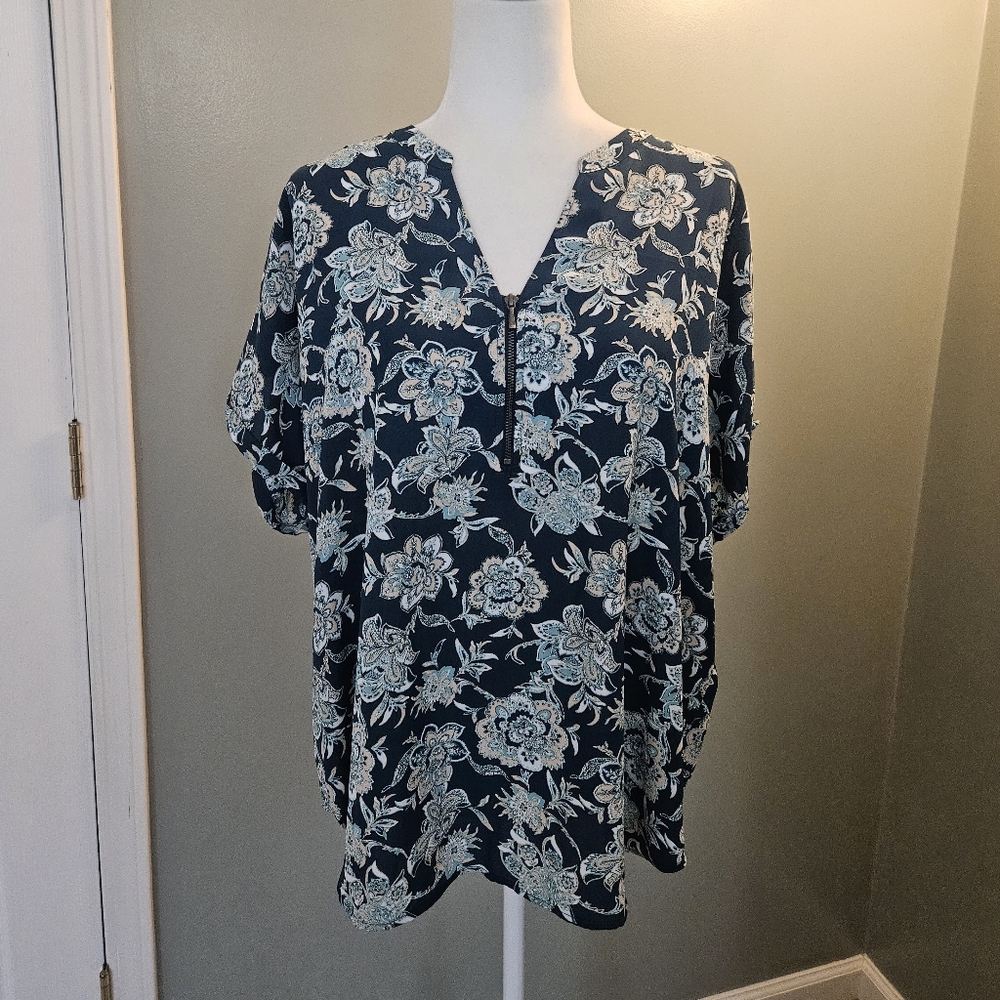 Maurices Navy Floral Zip-Front Blouse